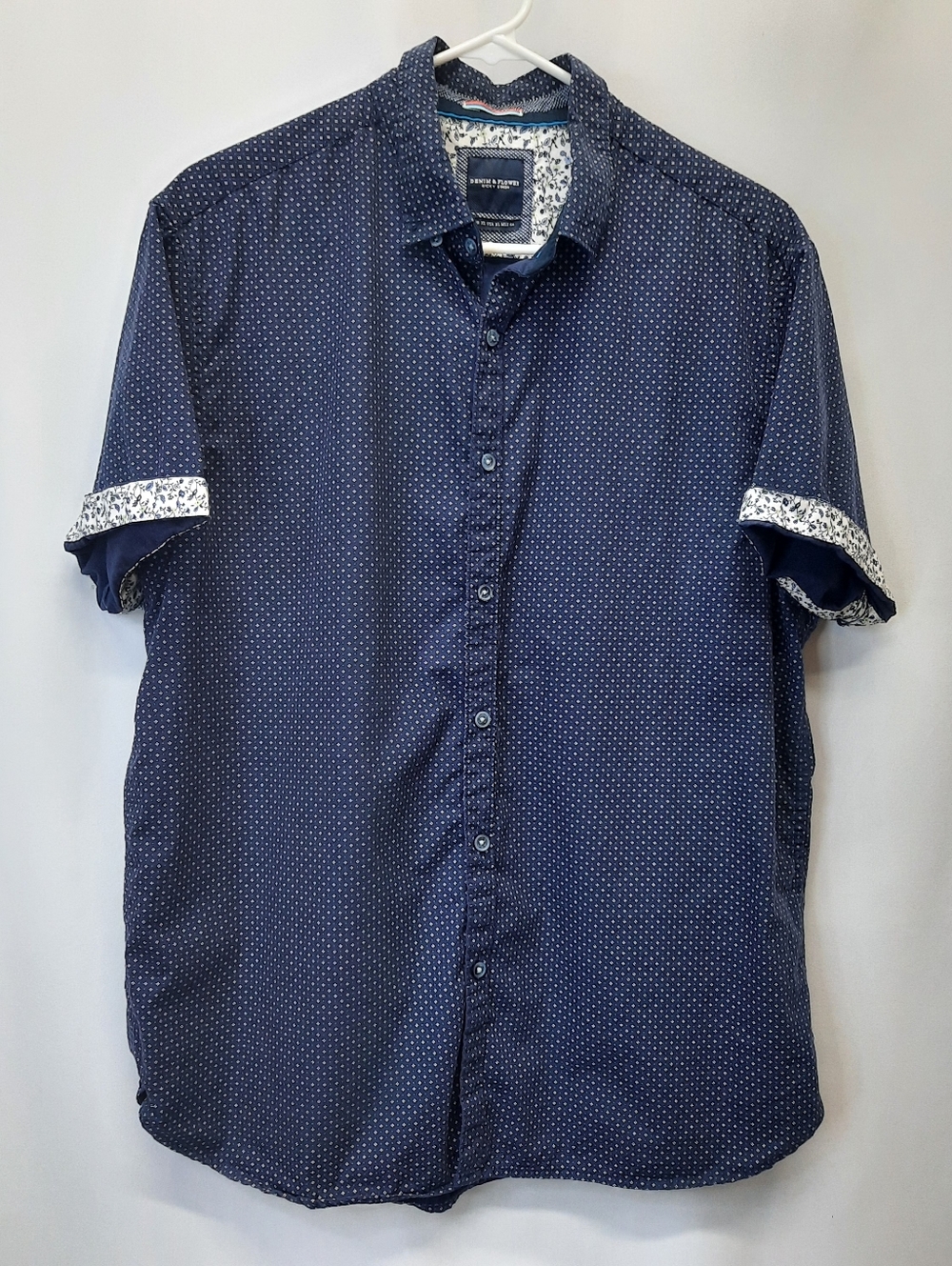 Denim & Flower Ricky Singh Men's XL Shirt Navy Blue Micro Print Floral Cuffs